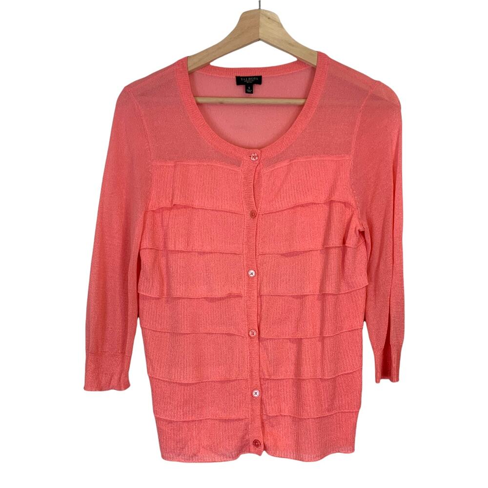 Talbots Pink Tiered Mesh Rayon Cardigan Sweater S Small Petite SP PS